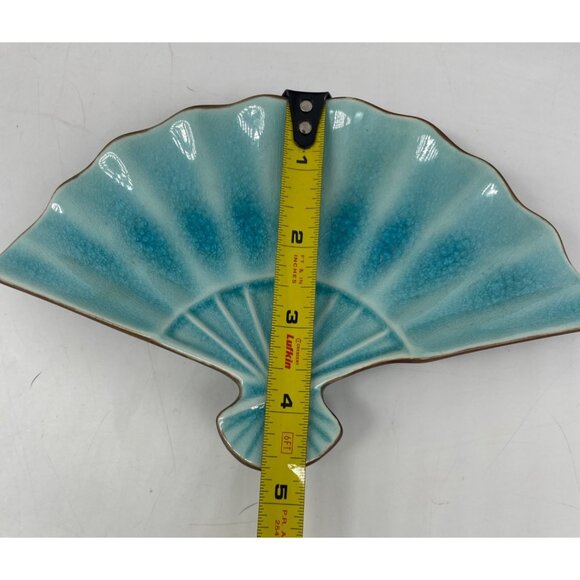 Pier 1 Ceramic Fan-Shaped Trinket Dish In Crackled Turquoise Glaze 8" - Picture 6 of 8